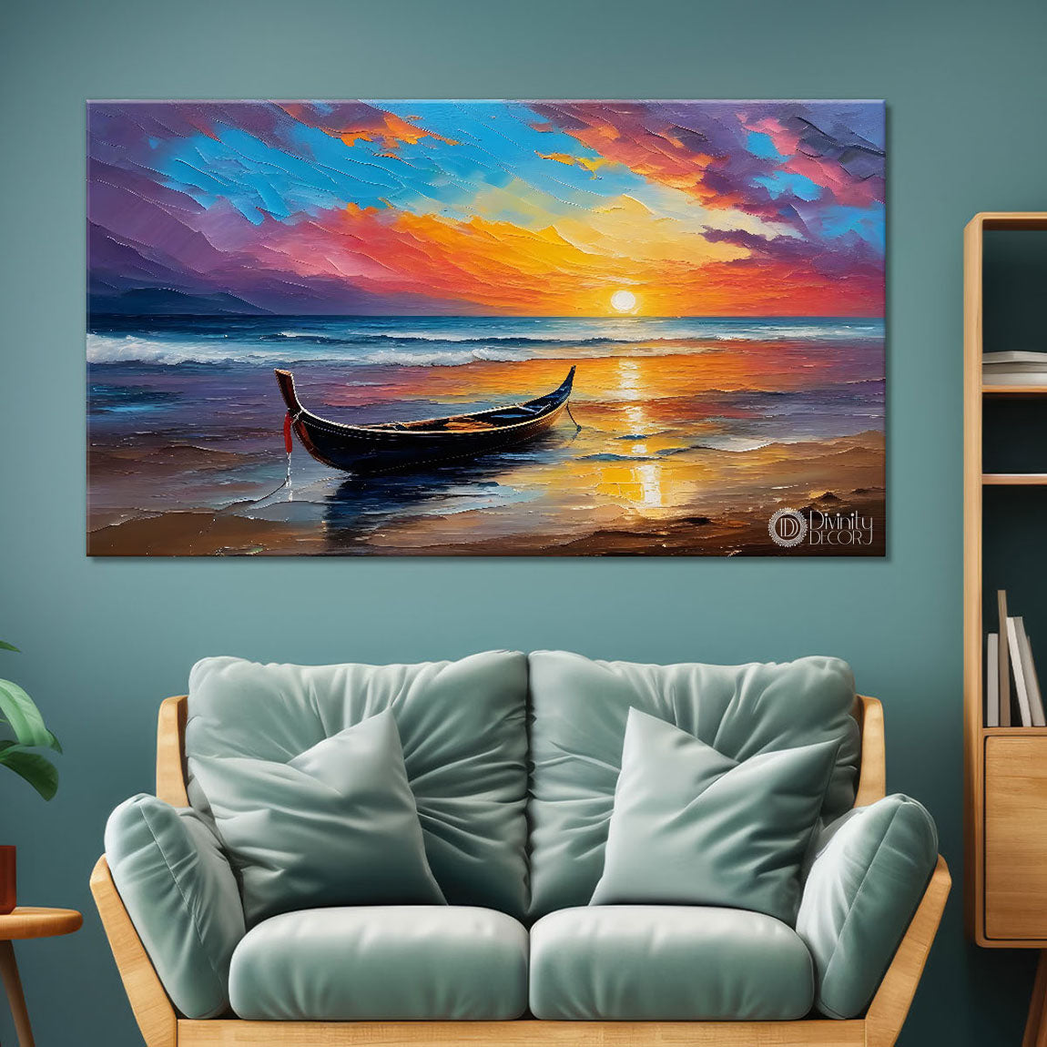 Boat in sea with sunset background textured modern art canvas painting - Design - River-12
