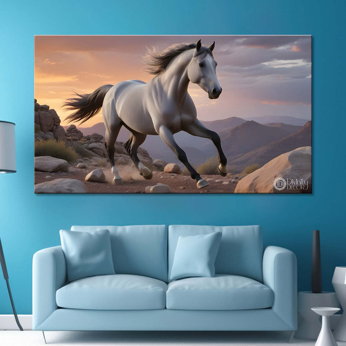 White running horse on the mountains with grey textured background art Canvas Painting - Design - Horse-120