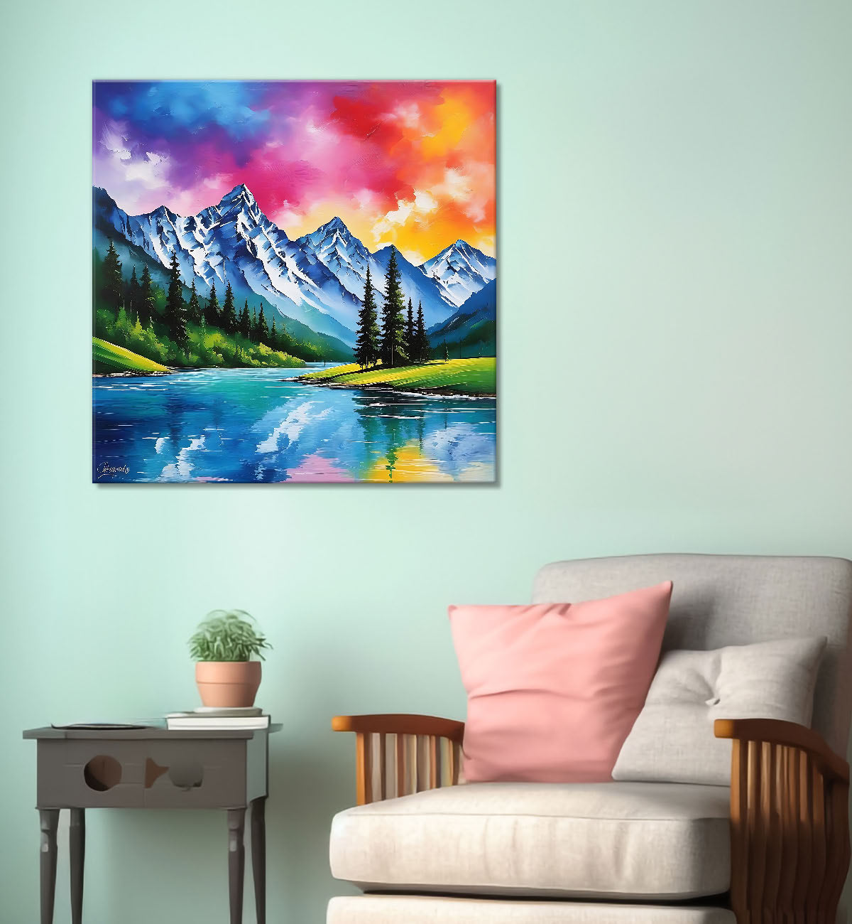 Mountains with river and sky painting 24X24 - Nature Art -S-120