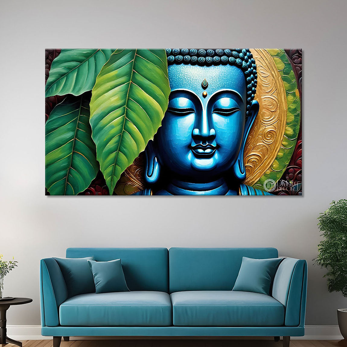 Buddha with leaves background textured painting Canvas Wall Painting - Buddha-120