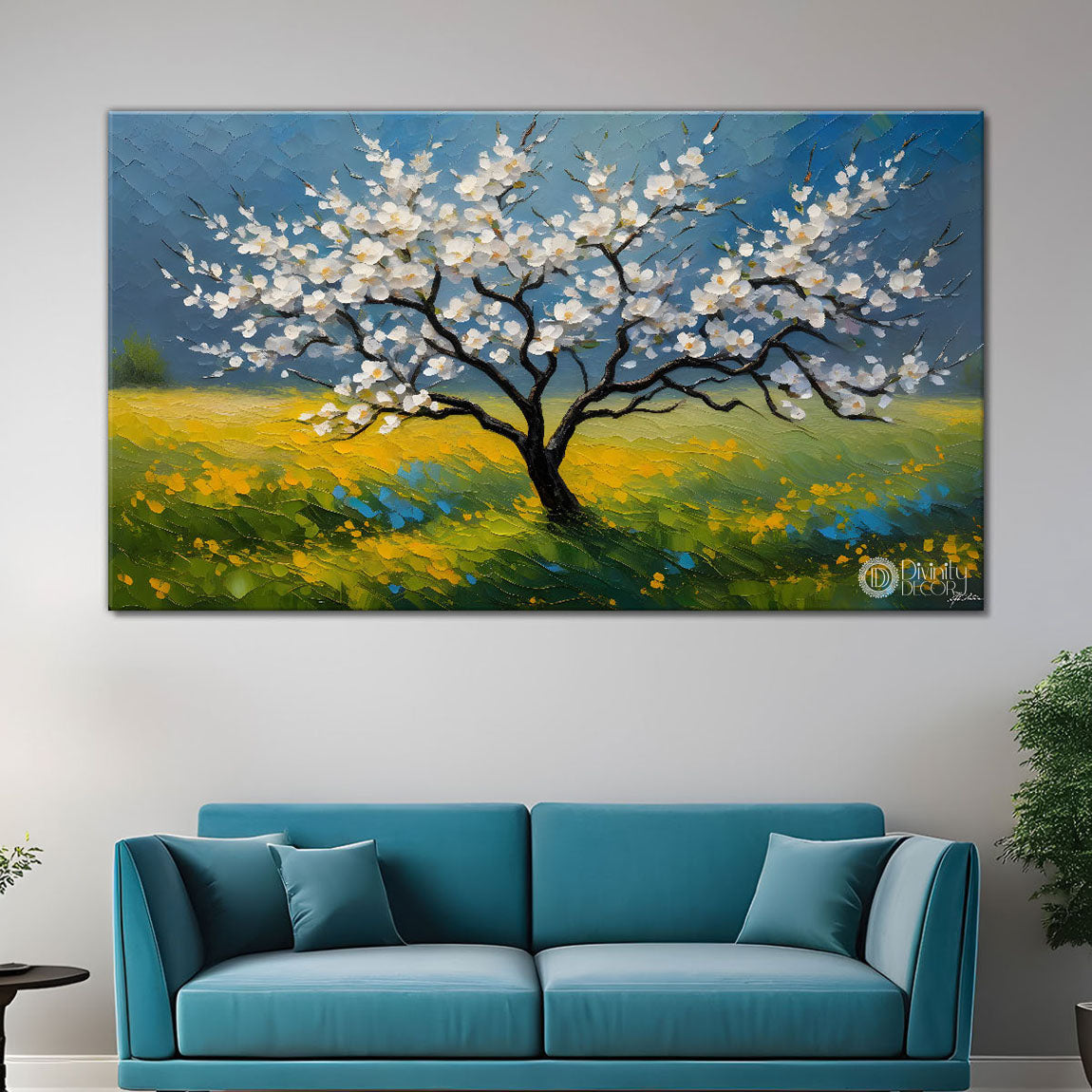 White flower tree in textured background oil painting- Design - Tree-120