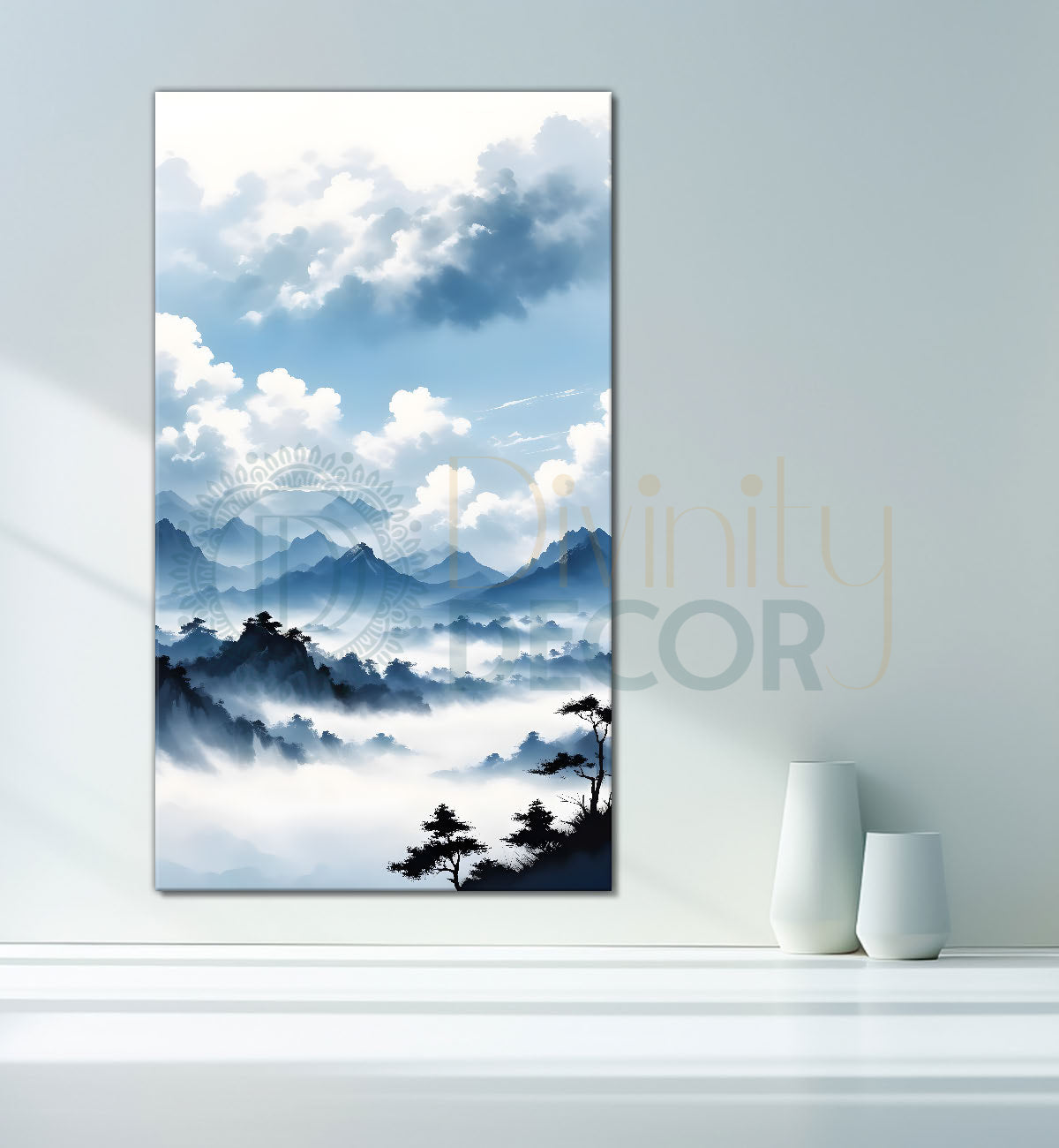 Mountains with river in cloudy sky in textured water colour painting Canvas Painting - Nature Art -V-120