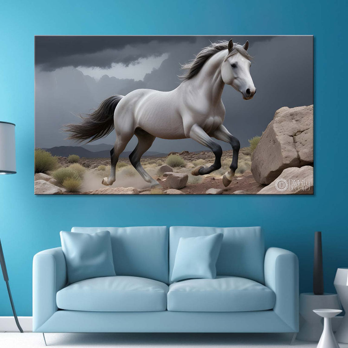 White running horse on the mountains with grey textured background art Canvas Painting - Design - Horse-121