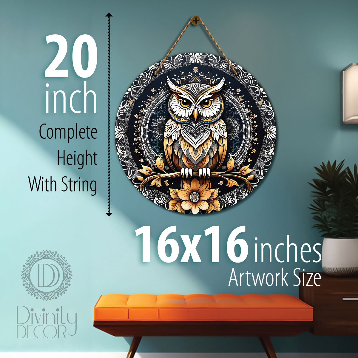 Owl in grey and yellow mandala Round Wooden Wall Hanging for wall Décor - Design - 121