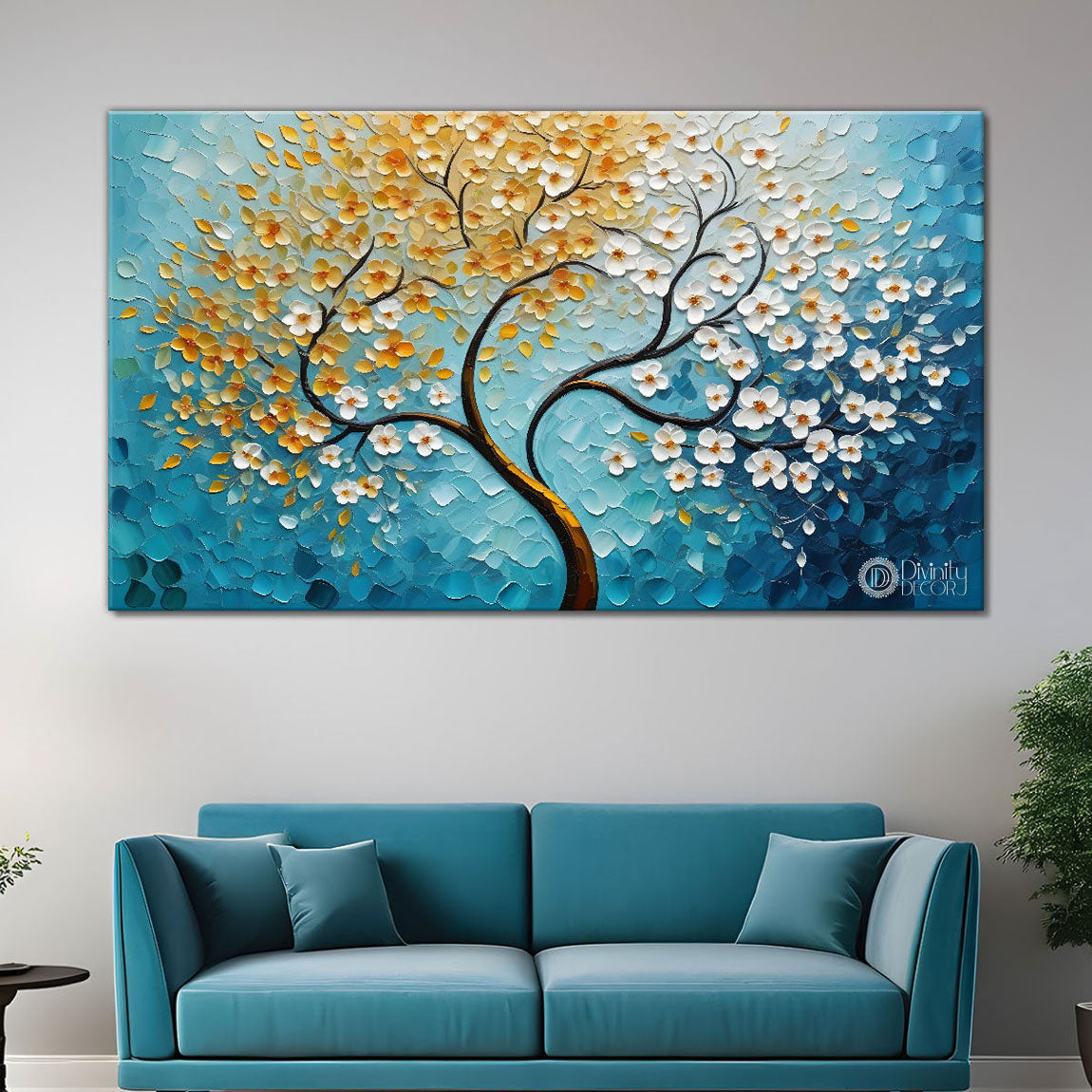 White flower tree in textured background oil painting- Design - Tree-121