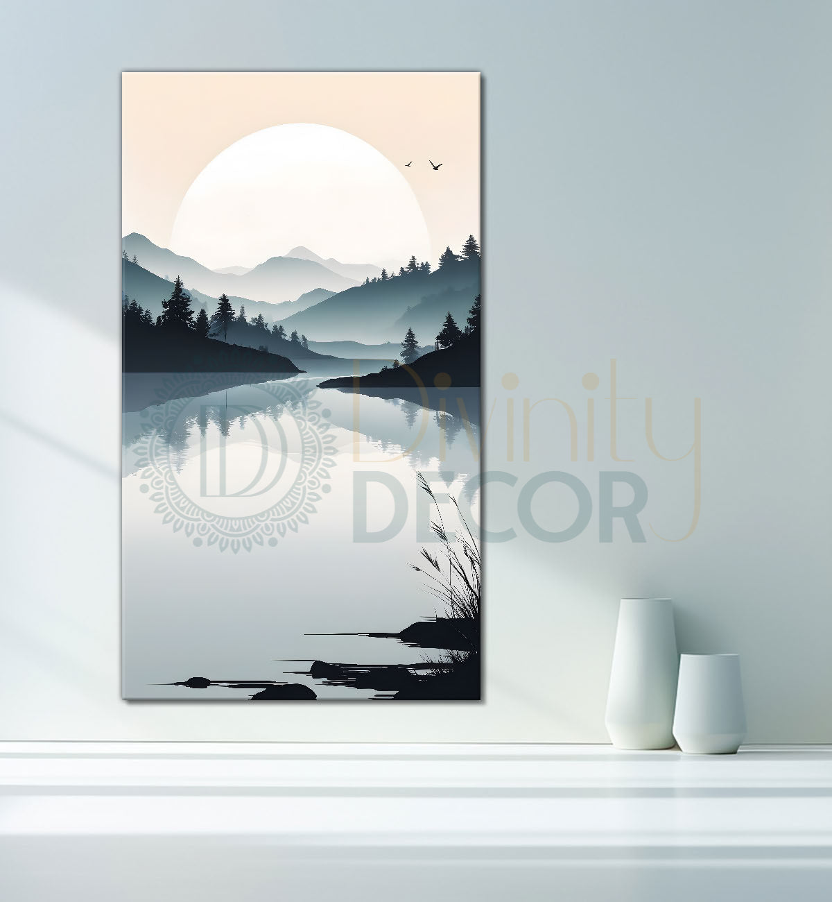 Mountains with river and sunset textured water colour painting Canvas Painting - Nature Art -V-121