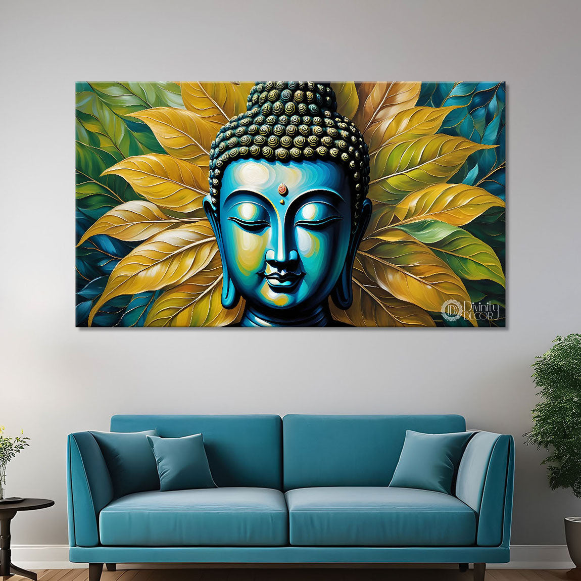 Buddha with leaves background textured painting Canvas Wall Painting - Buddha-121