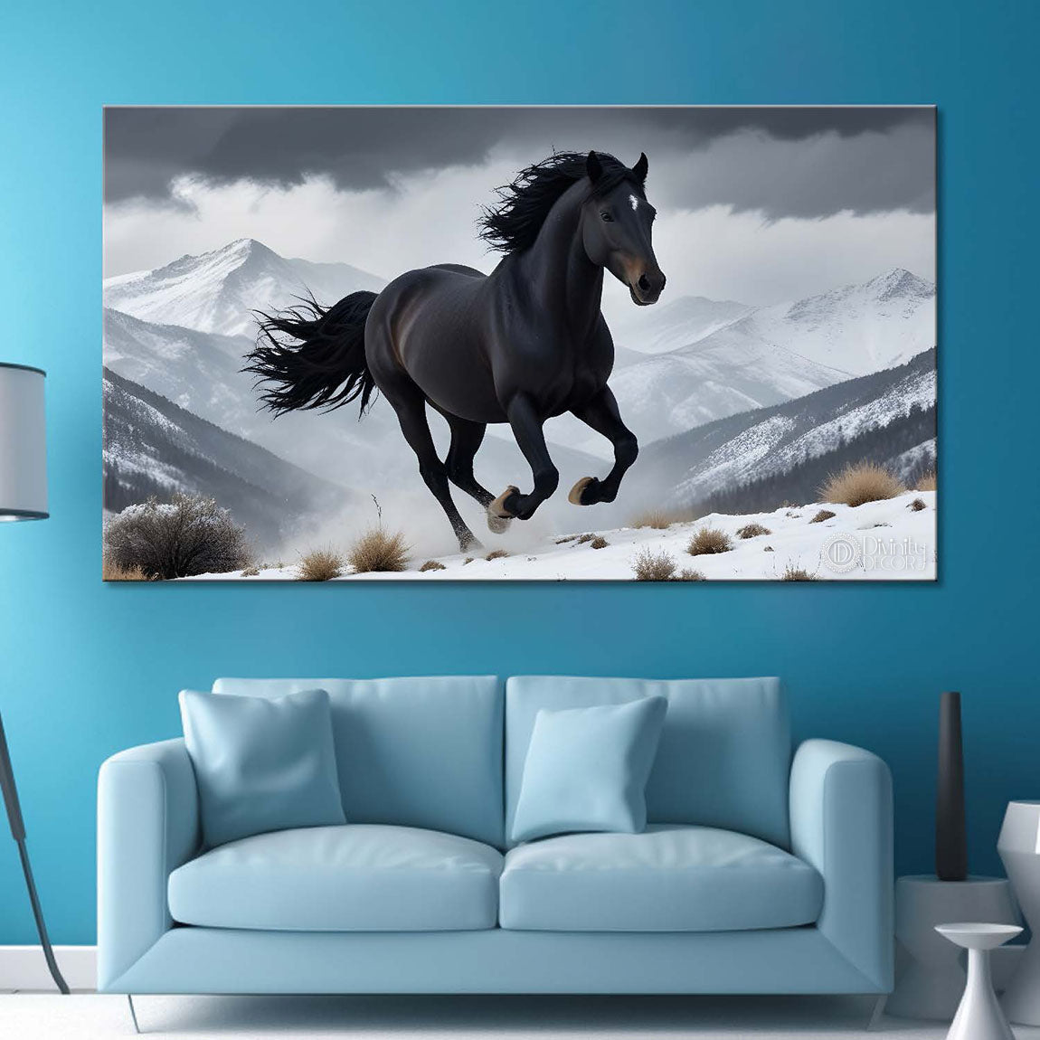 Black running horse on the white mountains with white textured background art Canvas Painting - Design - Horse-122