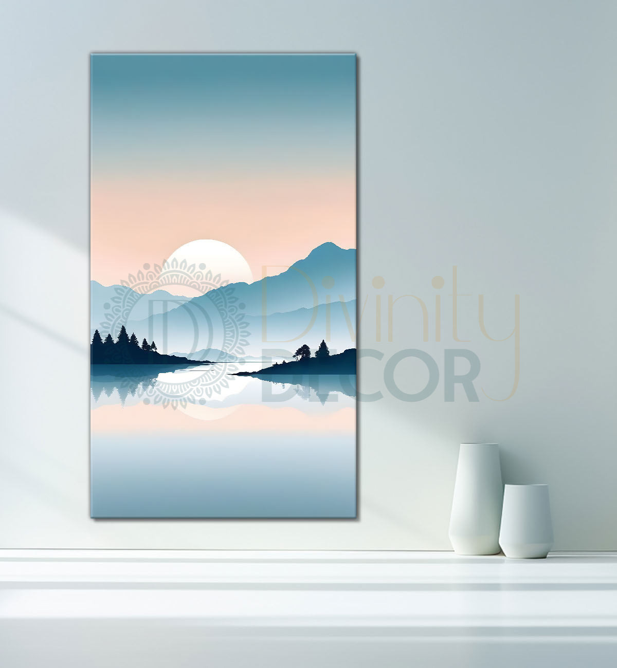 Mountains with river and sunset textured water colour painting Canvas Painting - Nature Art -V-122