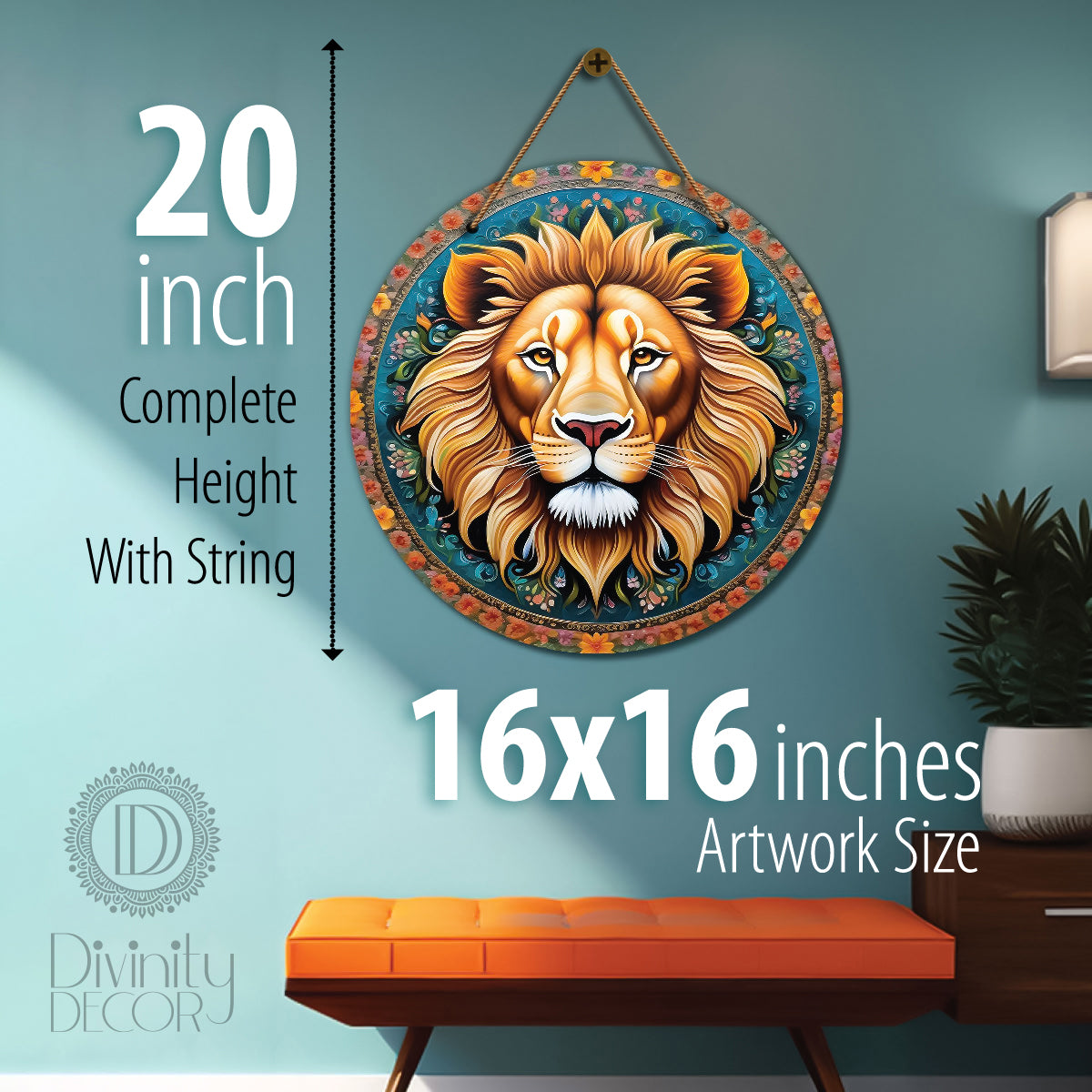Lion in blue and yellow mandala Round Wooden Wall Hanging for wall Décor - Design - 122