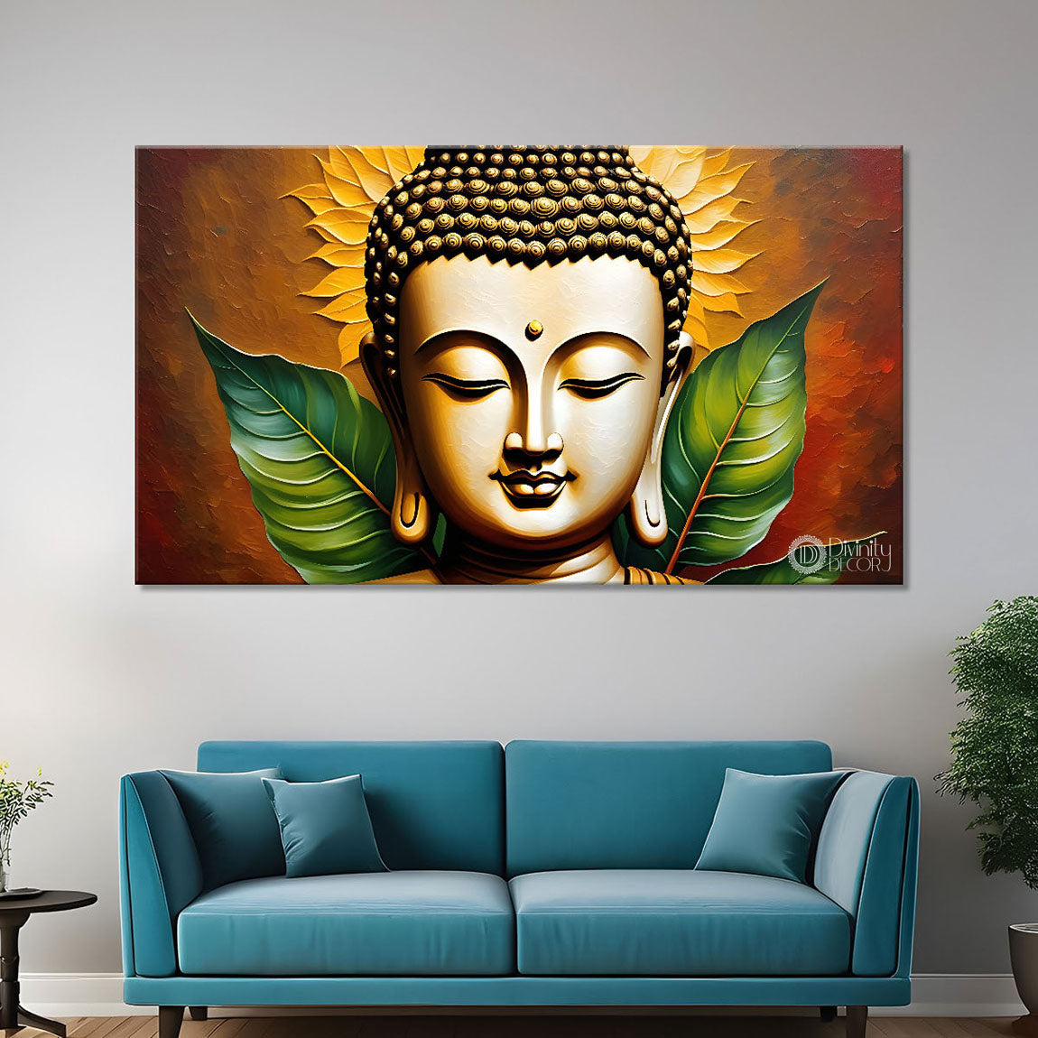 Buddha with leaves background textured painting Canvas Wall Painting - Buddha-122