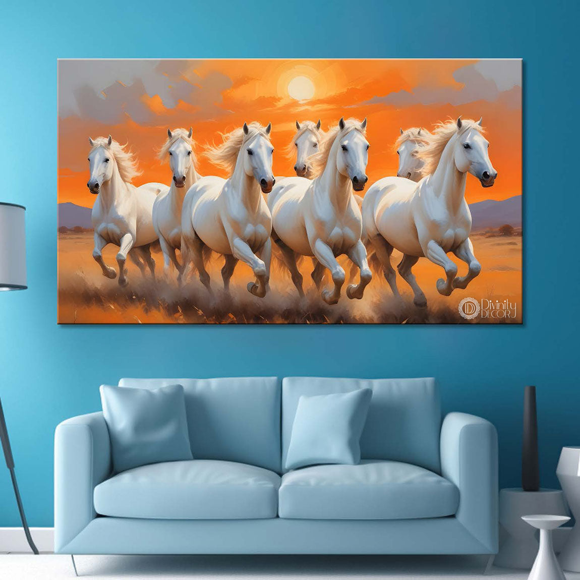 White running horses on the grass with sunrise textured background art Canvas Painting - Design - Horse-123