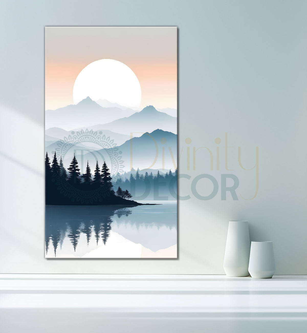 Mountains with river and sunset textured water colour painting Canvas Painting - Nature Art -V-123