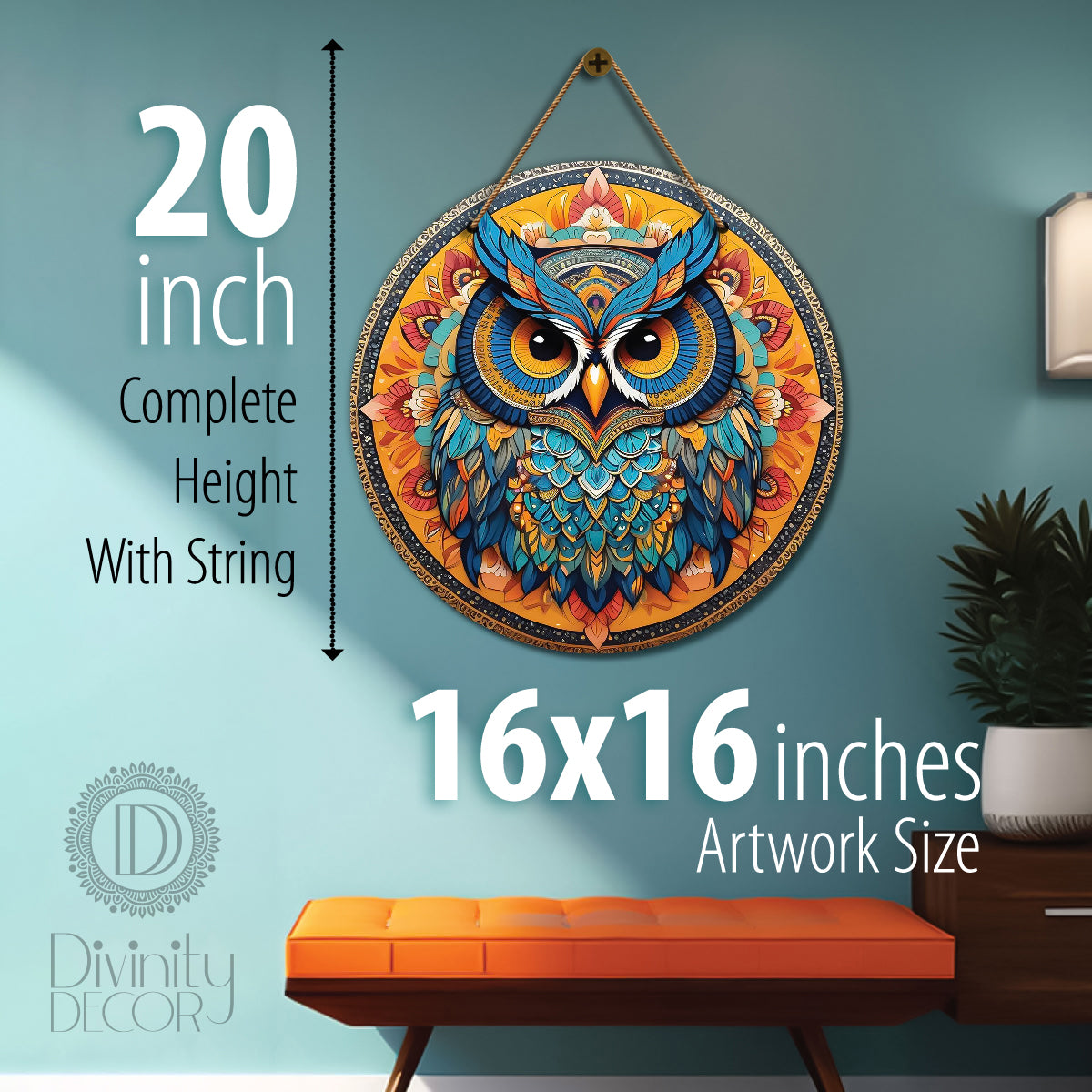 Owl in blue and orange mandala Round Wooden Wall Hanging for wall Décor - Design - 123