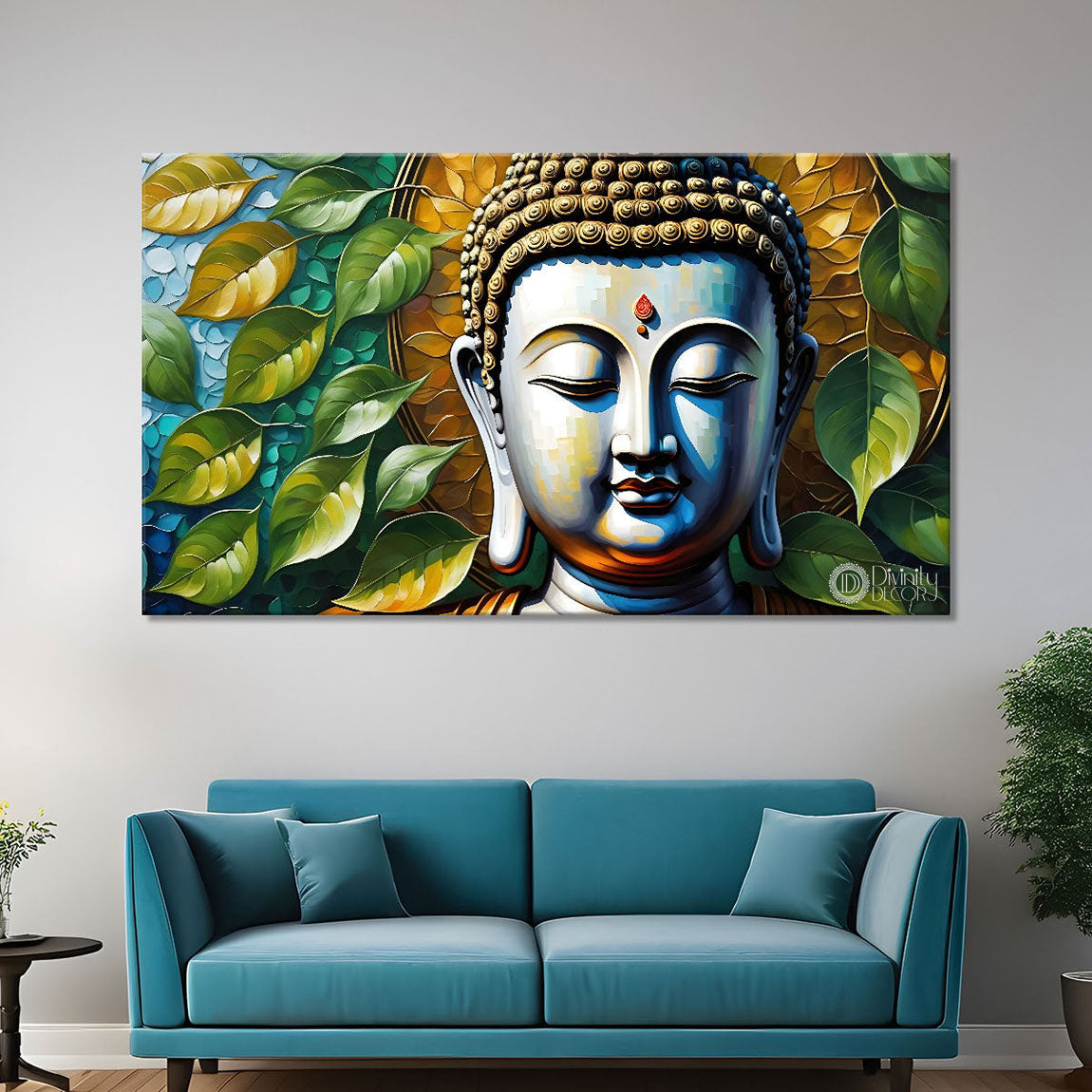 Buddha with leaves background textured painting Canvas Wall Painting - Buddha-123