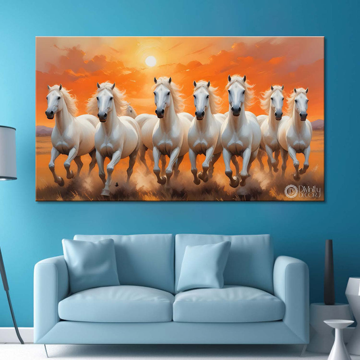 White running horses on the grass with sunrise textured background art Canvas Painting - Design - Horse-124
