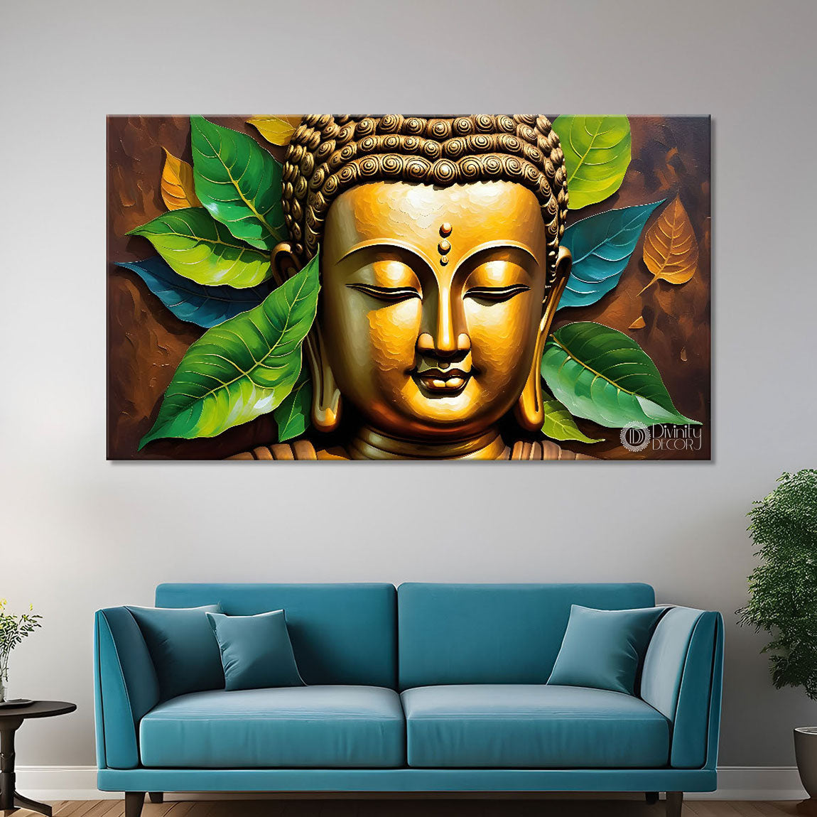Golden with leaves background textured painting Canvas Wall Painting - Buddha-124