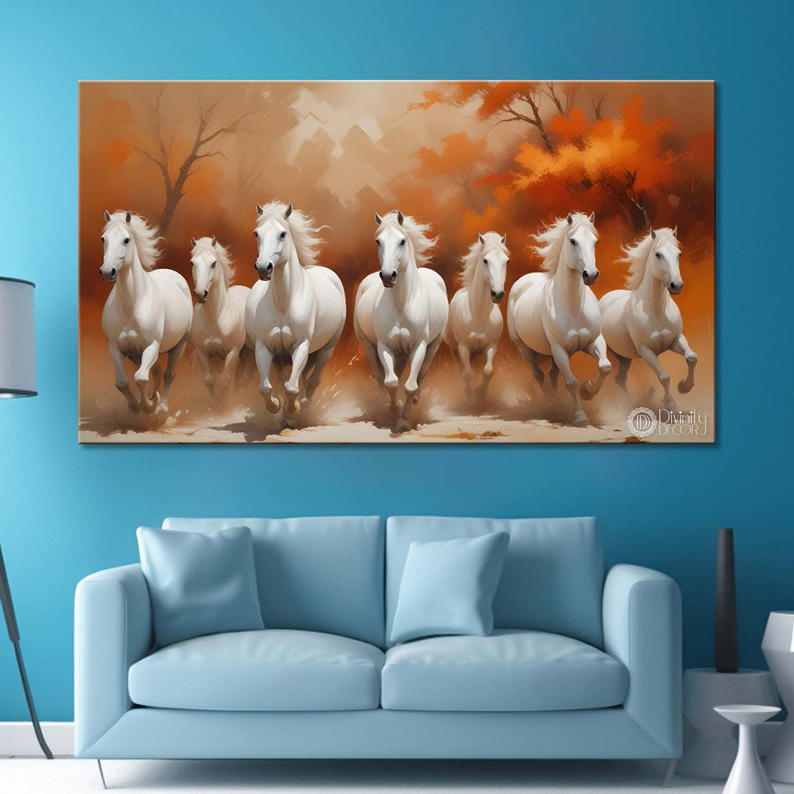 White running horses with orange trees textured background art Canvas Painting - Design - Horse-125