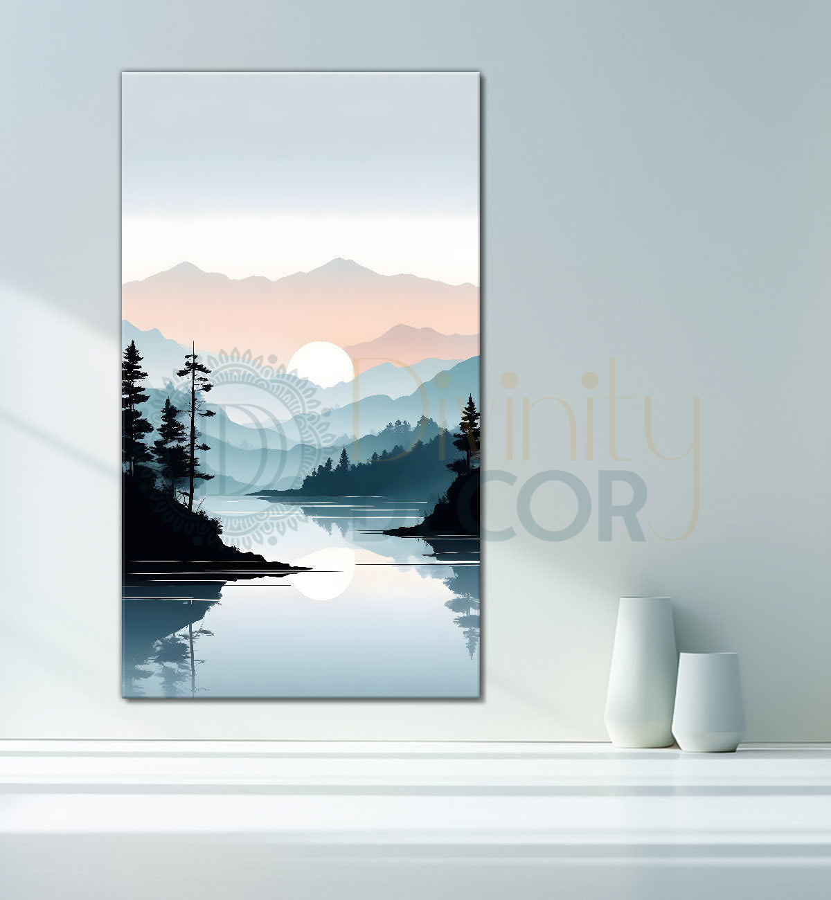 Mountains with river and sunset textured water colour painting Canvas Painting - Nature Art -V-125