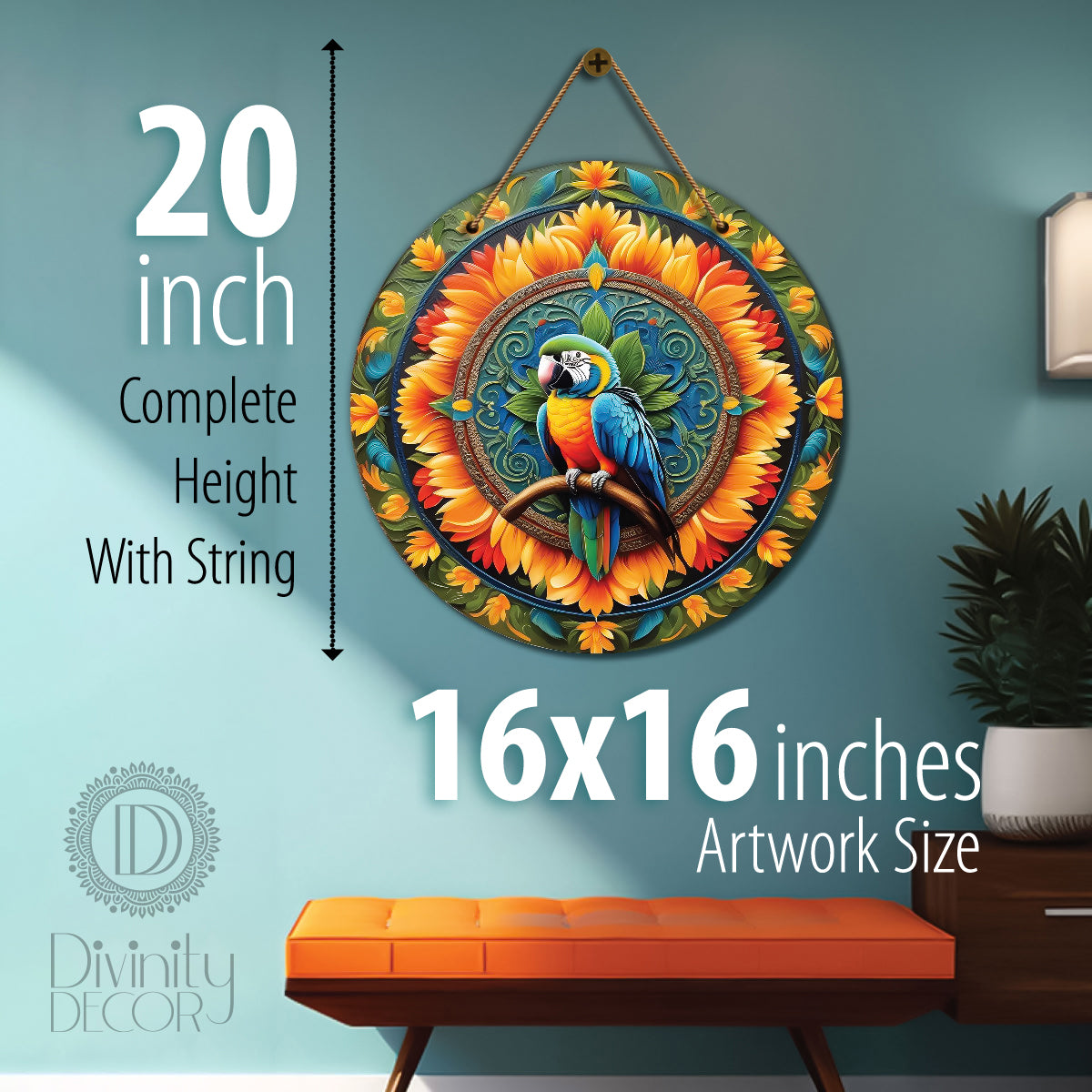 Parrot in green and yellow mandala Round Wooden Wall Hanging for wall Décor - Design - 125