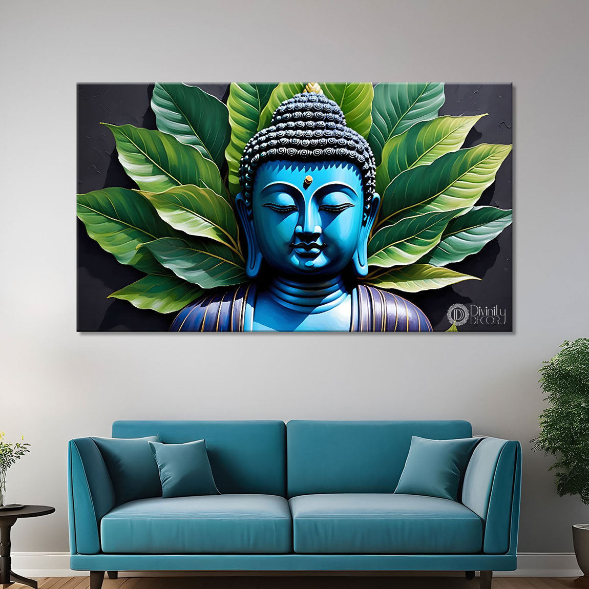 Buddha with leaves background textured painting Canvas Wall Painting - Buddha-125