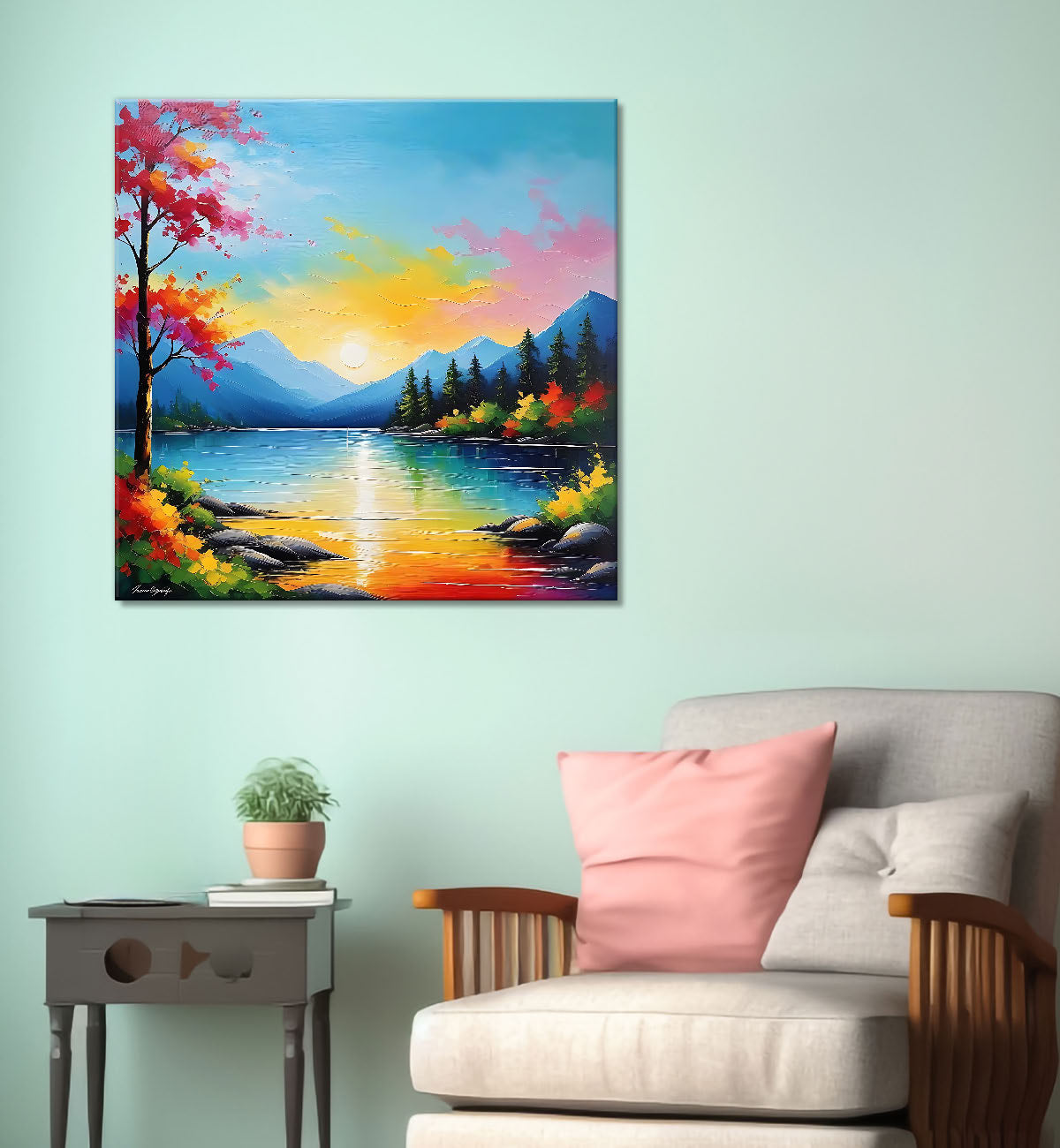 Mountains and trees with sunrise painting  24X24 - Nature Art -S-125