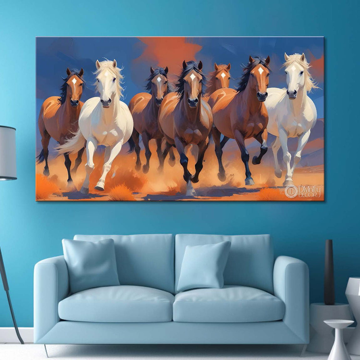 White and brown horses with orange and blue textured background art Canvas Painting - Design - Horse-126