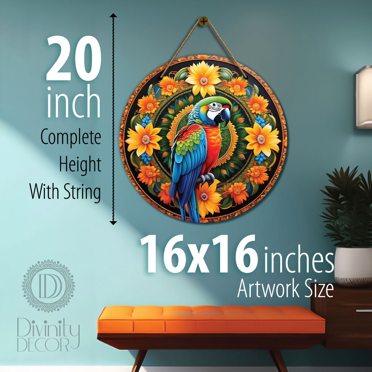 Parrot in green and floral mandala Round Wooden Wall Hanging for wall Décor - Design - 126