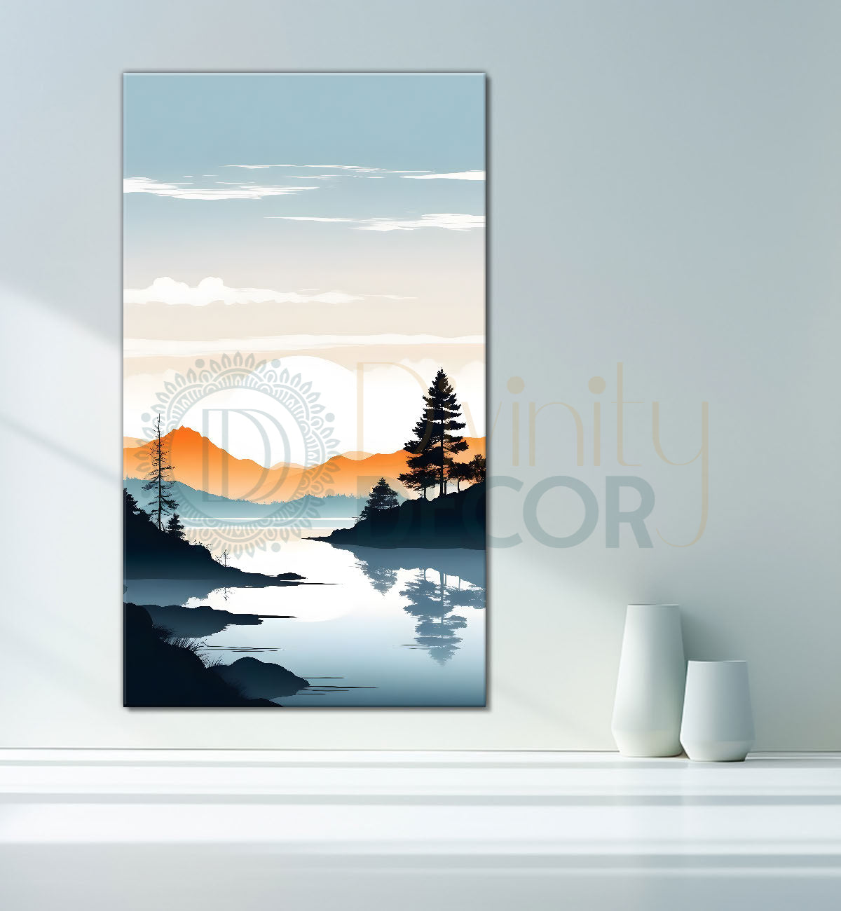 Mountains with river and sunset textured water colour painting Canvas Painting - Nature Art -V-126