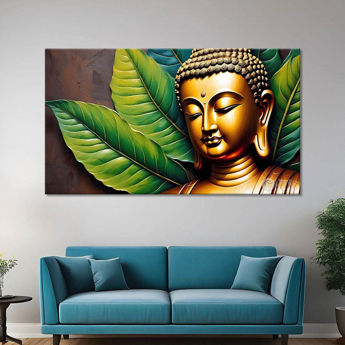 Golden buddha with leaves background textured painting Canvas Wall Painting - Buddha-126