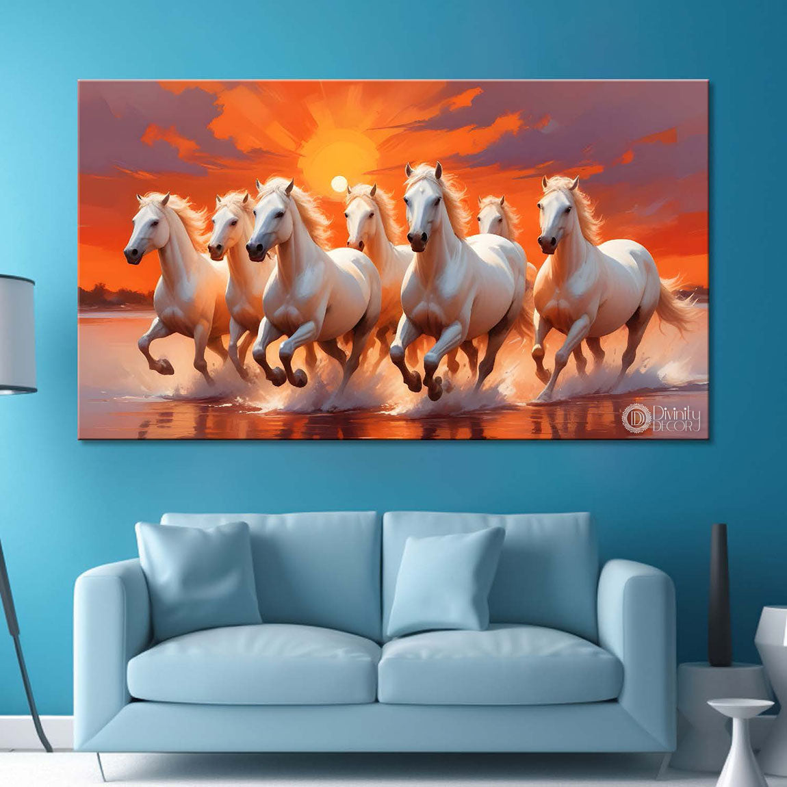 White horses running on the water with sunset textured background art Canvas Painting - Design - Horse-127