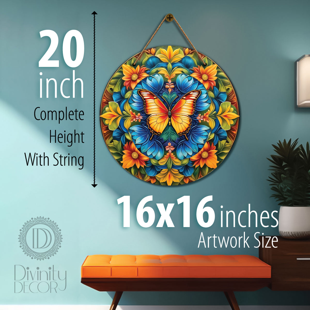 Yellow butterfly in green and blue mandala Round Wooden Wall Hanging for wall Décor - Design - 127