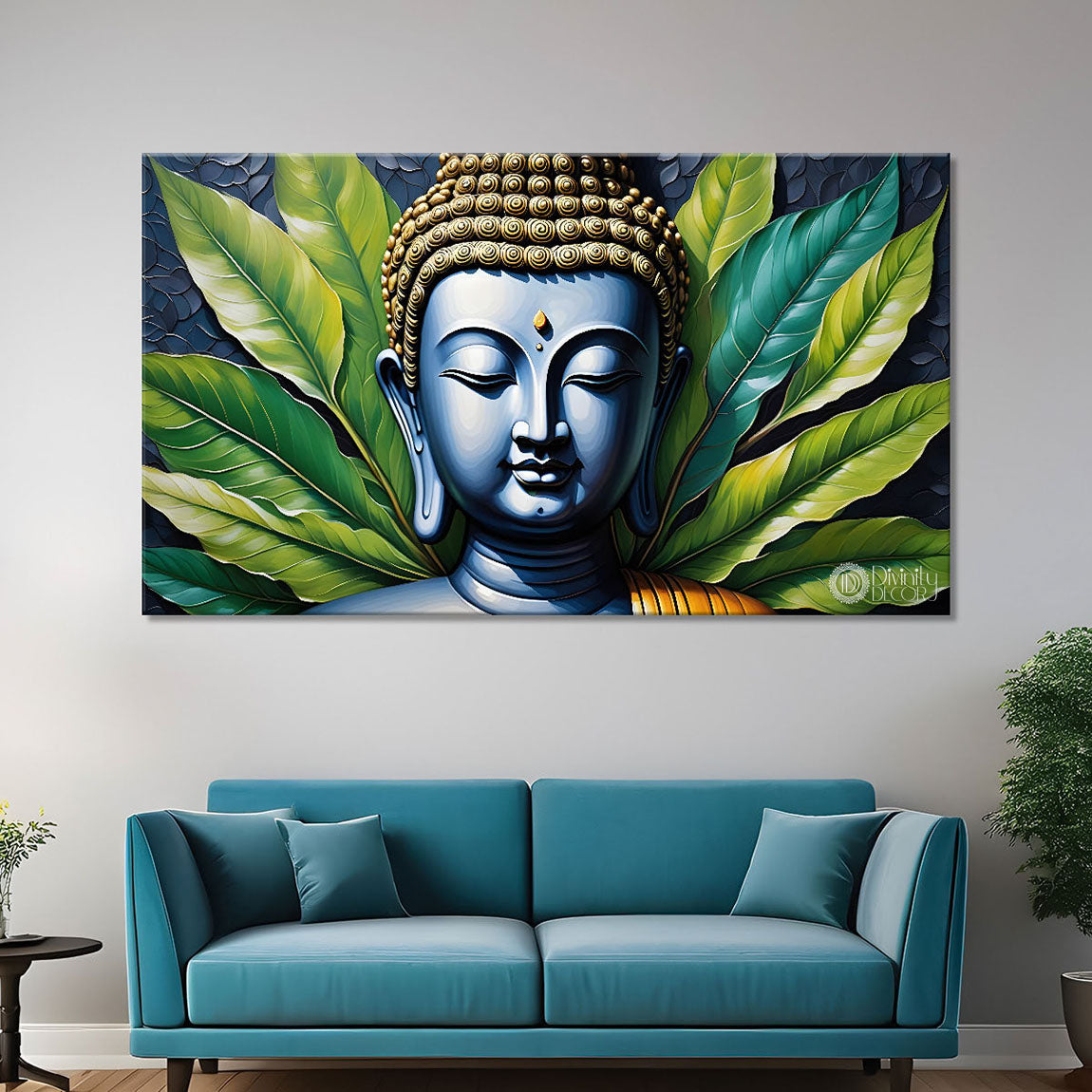 Buddha with leaves background textured painting Canvas Wall Painting - Buddha-127