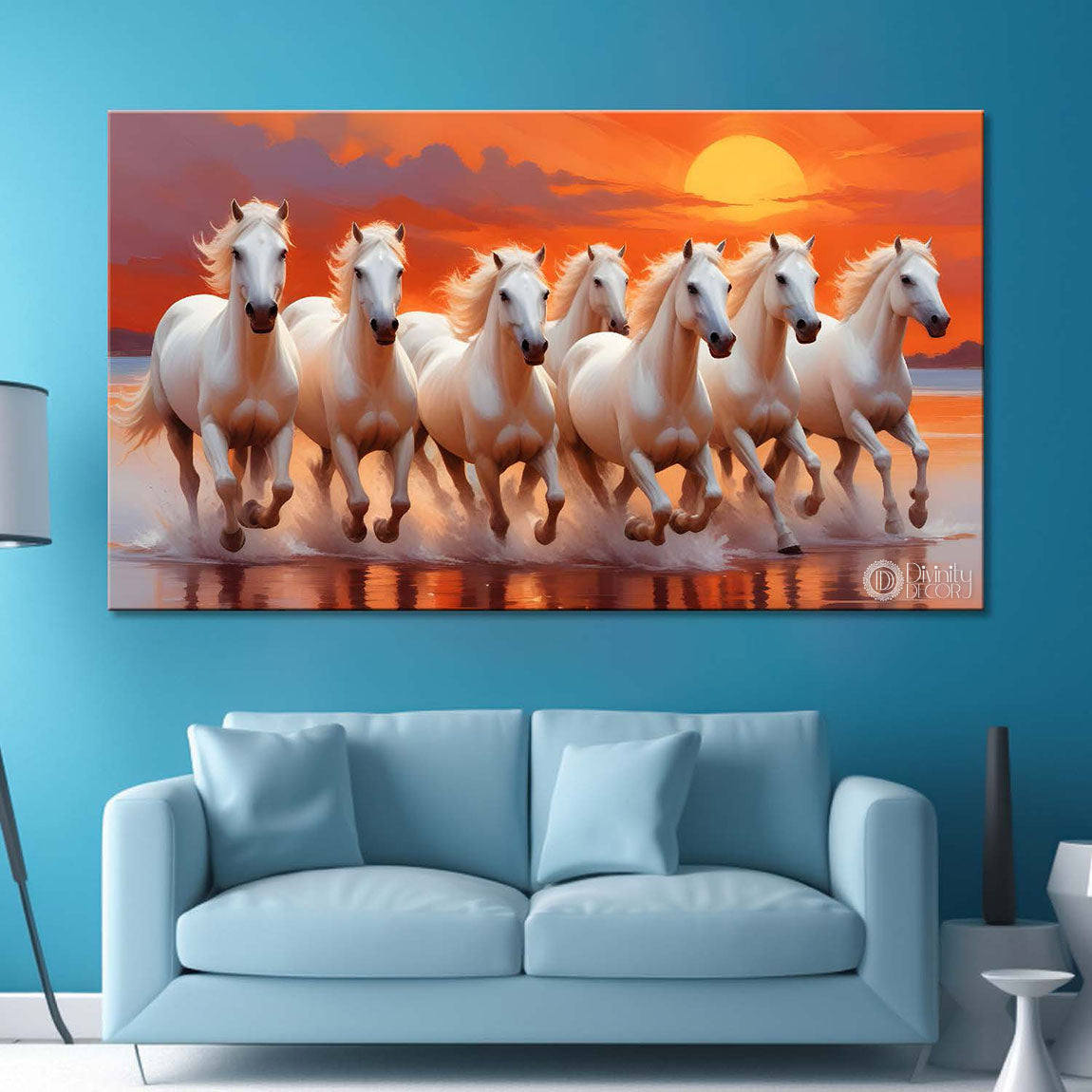 White horses running on the water with sunset textured background art Canvas Painting - Design - Horse-128