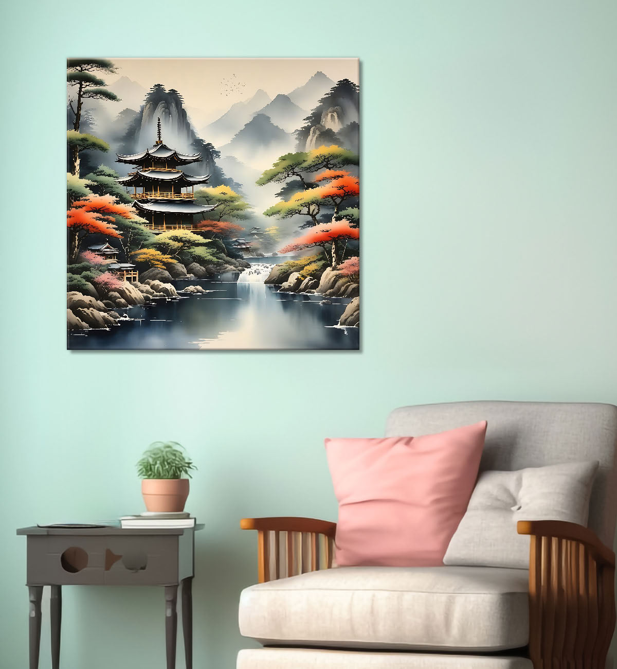 Mountains with tree and river painting  24X24 - Nature Art -S-128