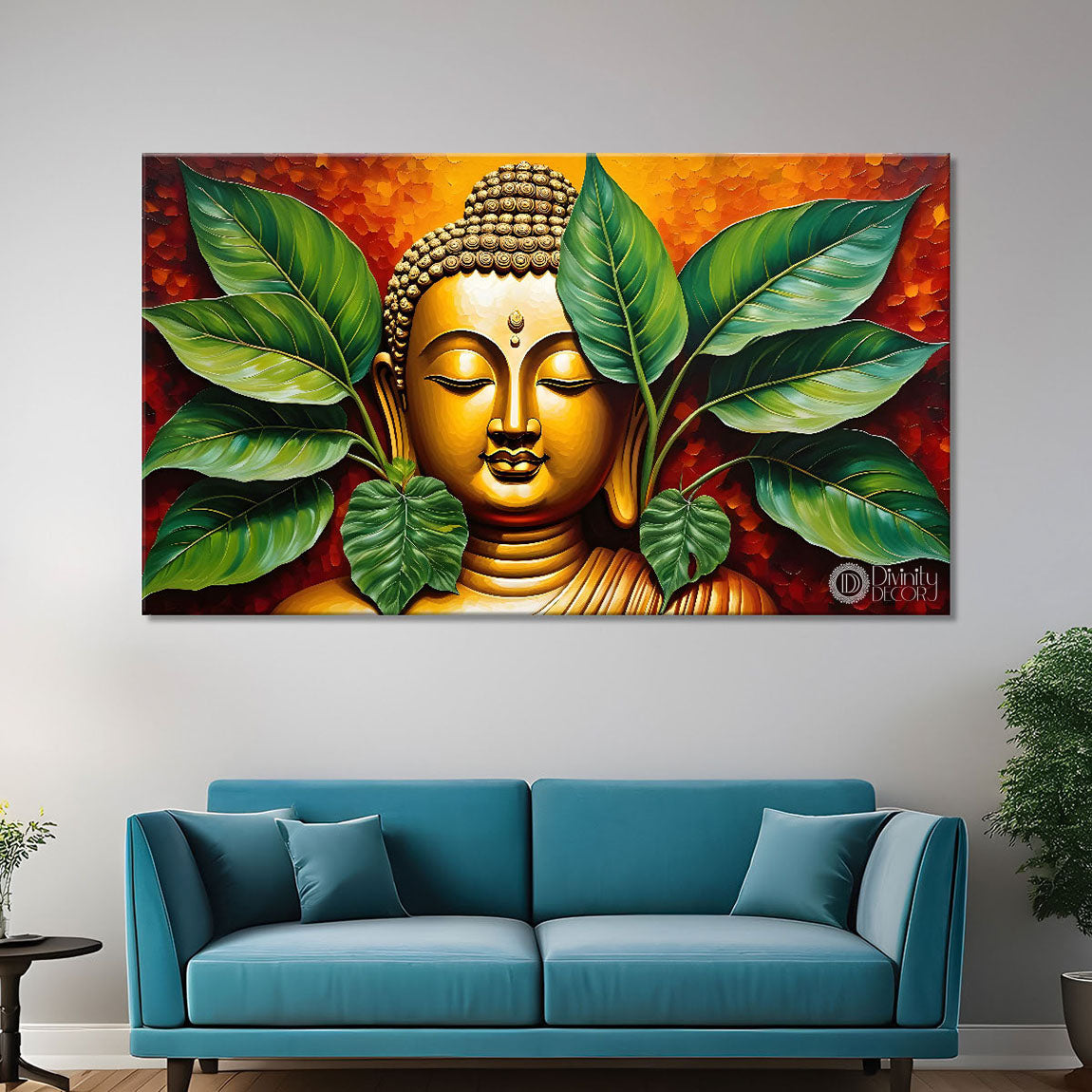 Golden buddha with leaves background textured painting Canvas Wall Painting - Buddha-128