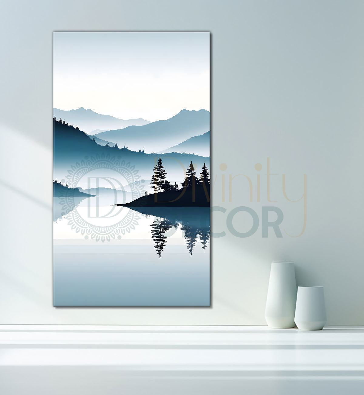 Mountains with river and trees in grey textured water colour painting Canvas Painting - Nature Art -V-128