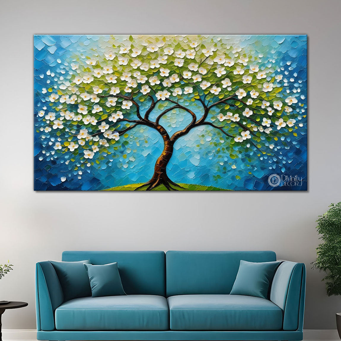 White flower tree in textured background oil painting- Design - Tree-128