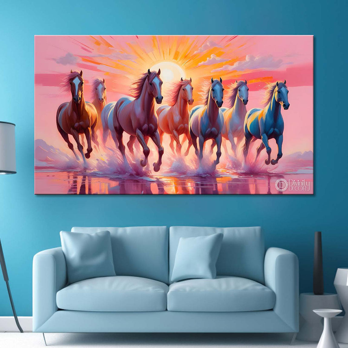 Running horses on the water with sunrise and pink textured background art Canvas Painting - Design - Horse-129