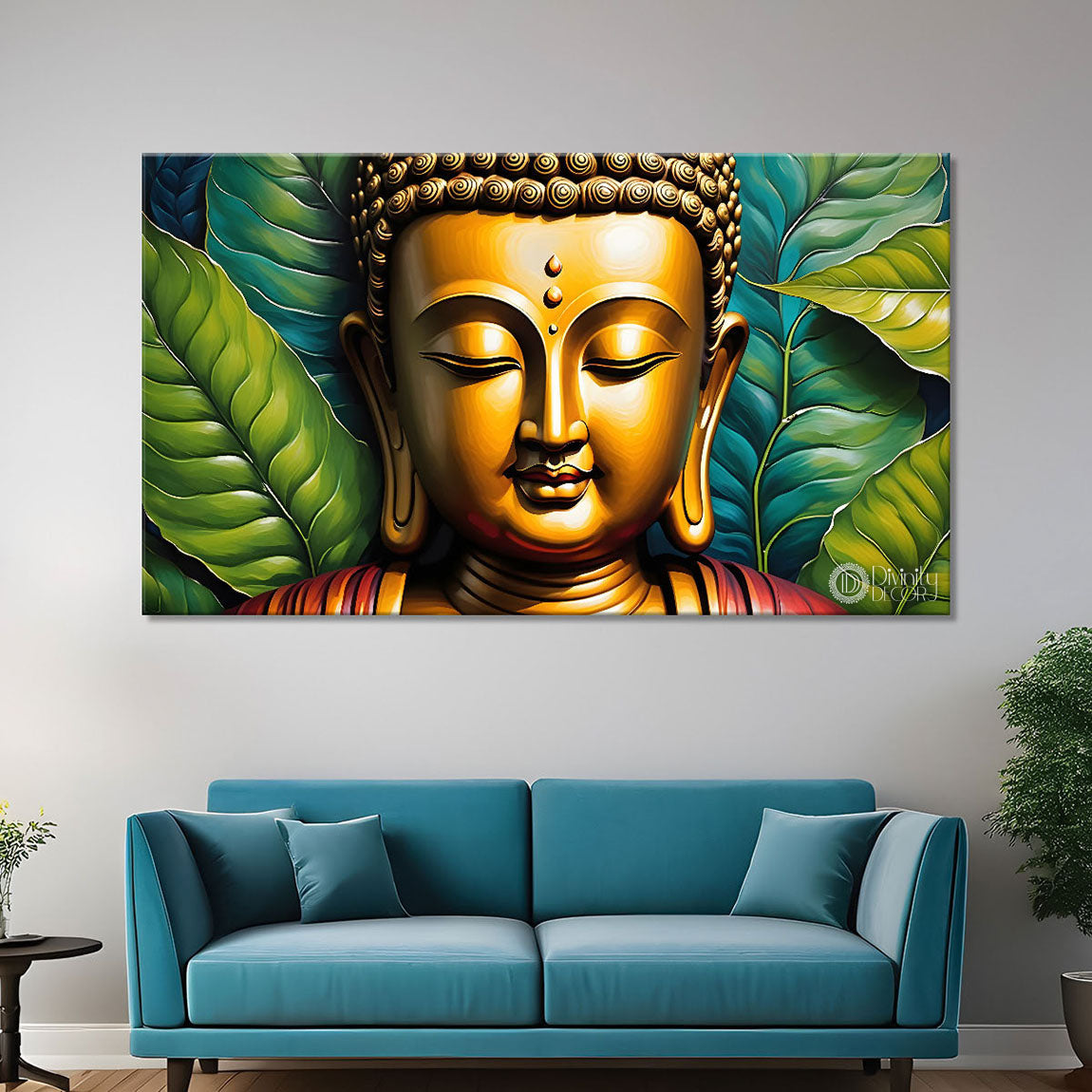 Golden buddha with leaves background textured painting Canvas Wall Painting - Buddha-129