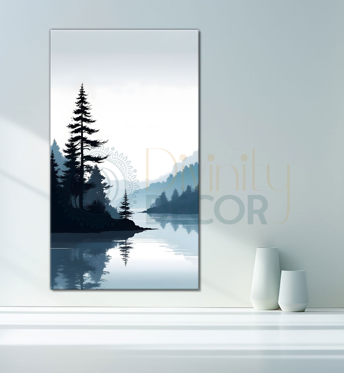 Mountains with river and trees in grey textured water colour painting Canvas Painting - Nature Art -V-129