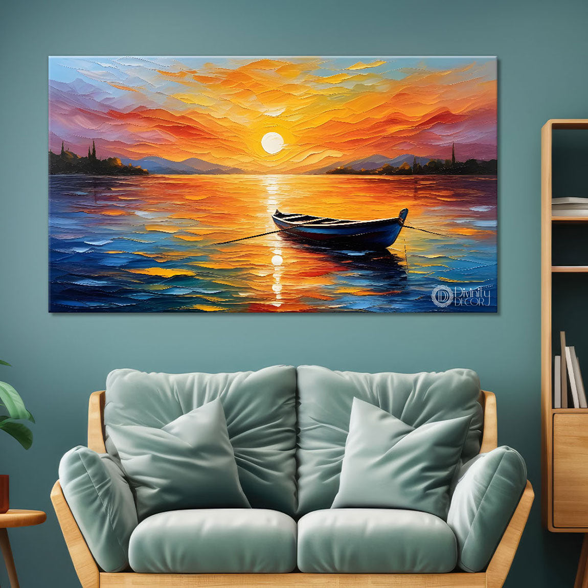 Boat in sea with sunset background  textured modern art canvas painting - Design - River-13