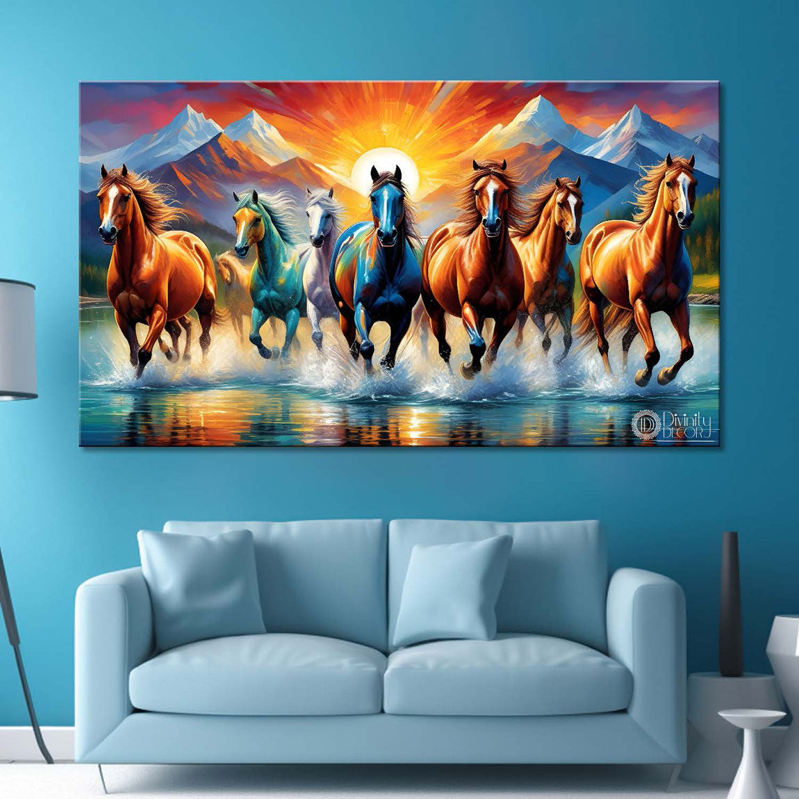 White and brown horses running on the water with mountains and sunrise textured background art Canvas Painting - Design - Horse-130