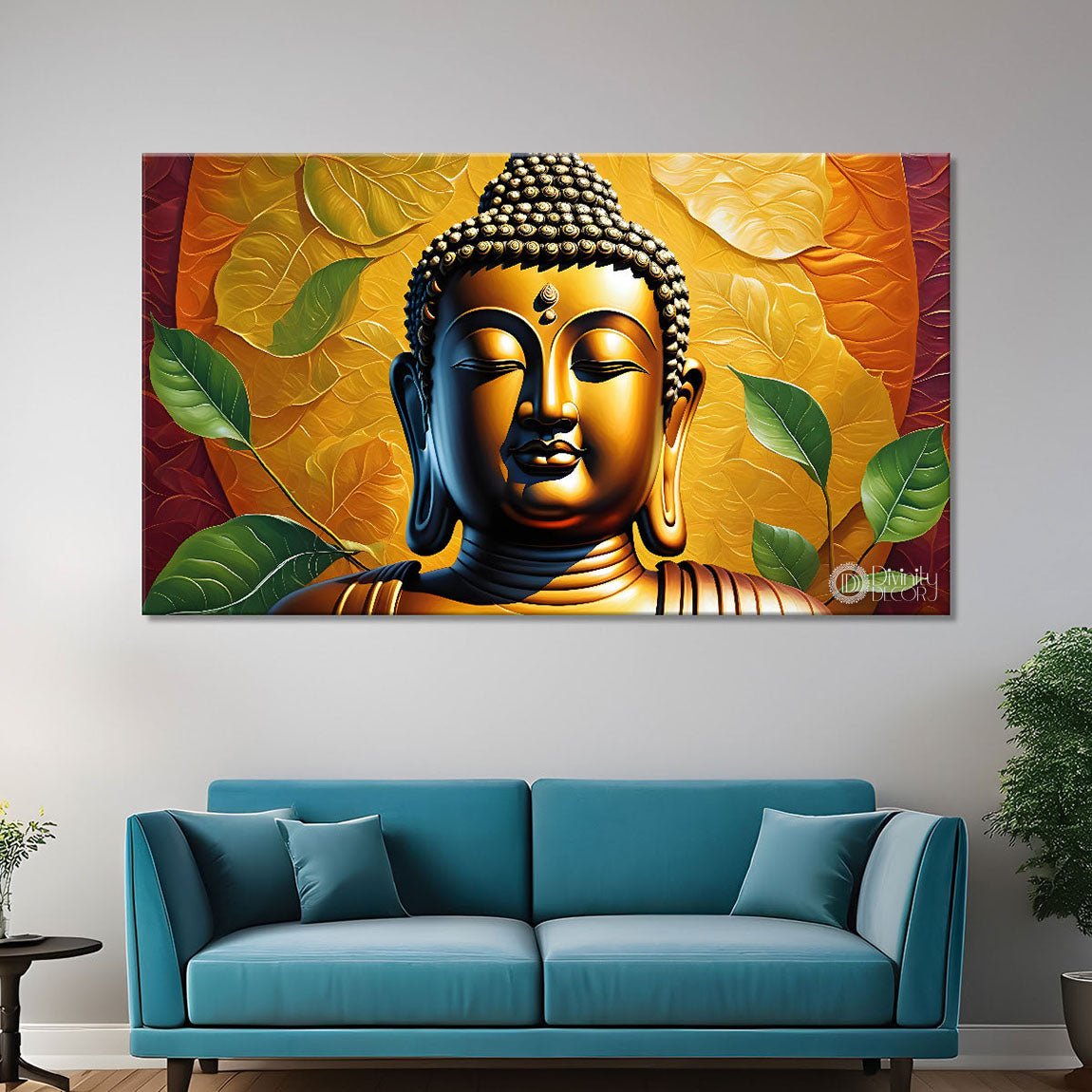 Golden buddha with leaves background textured painting Canvas Wall Painting - Buddha-130