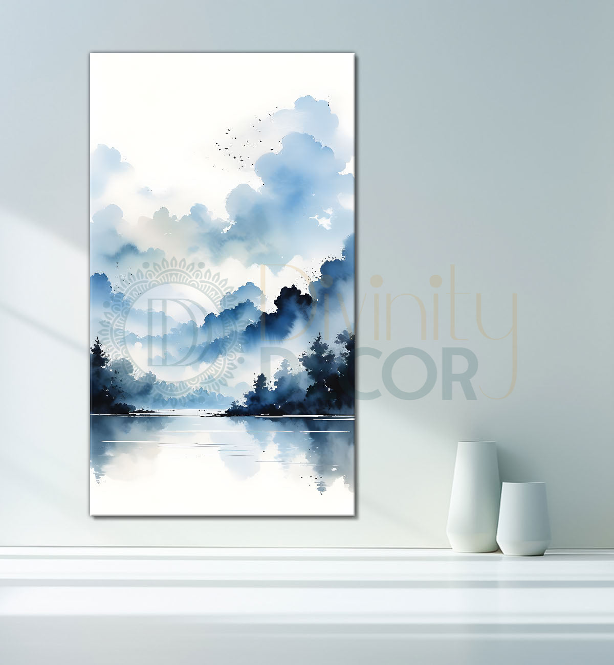 Mountains with river and trees in grey textured water colour painting Canvas Painting - Nature Art -V-130