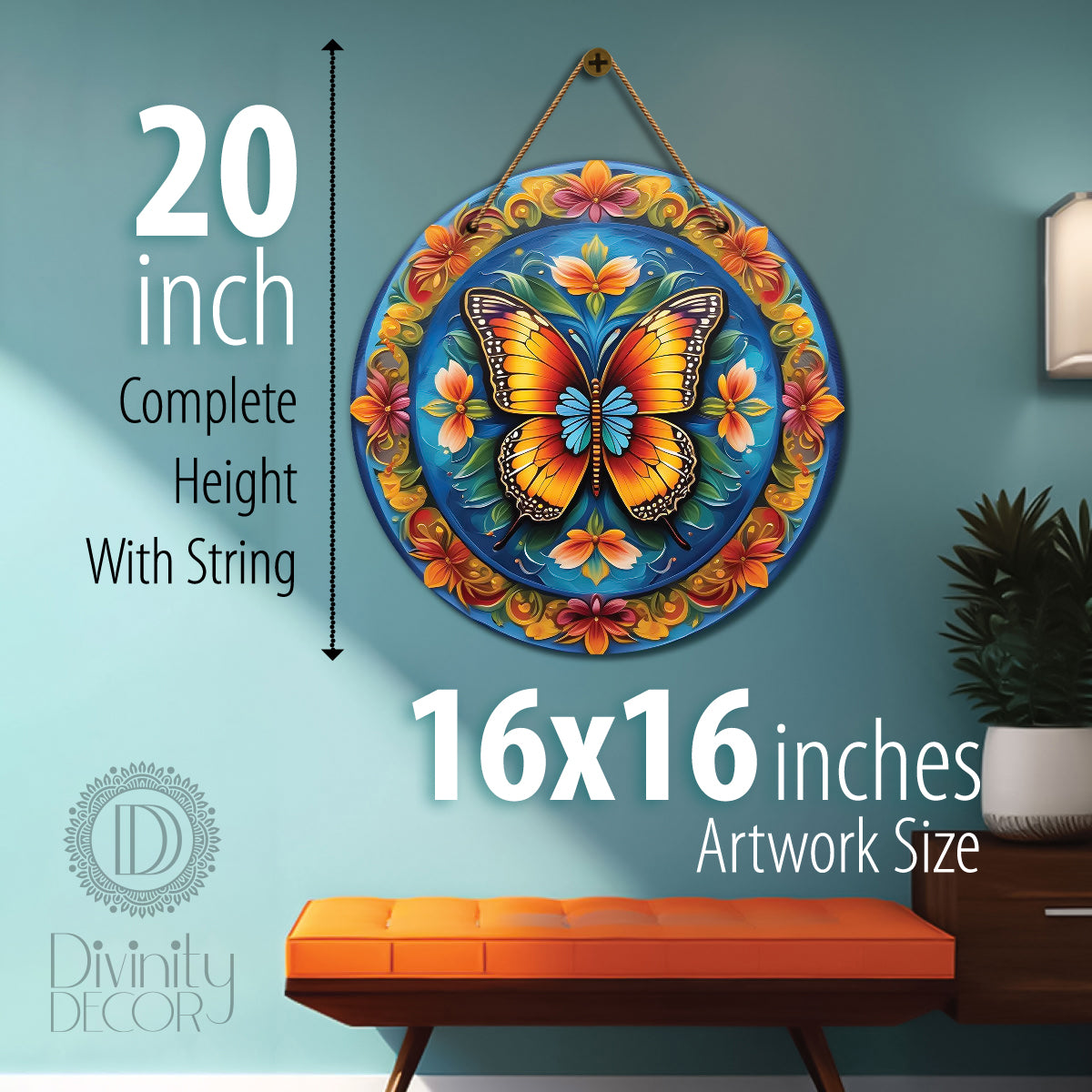 Butterfly in blue and orange mandala Round Wooden Wall Hanging for wall Décor - Design - 130