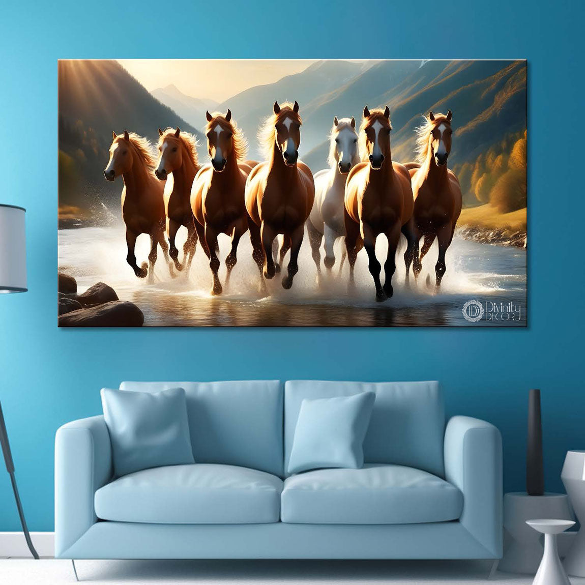Brown horses running on the water with mountains and yellow textured background art Canvas Painting - Design - Horse-131