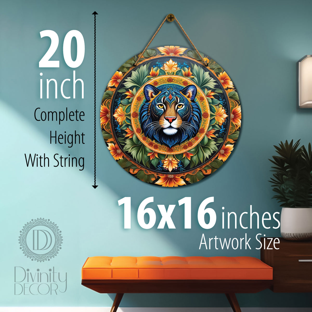Blue lion in green and yellow mandala Round Wooden Wall Hanging for wall Décor - Design - 131