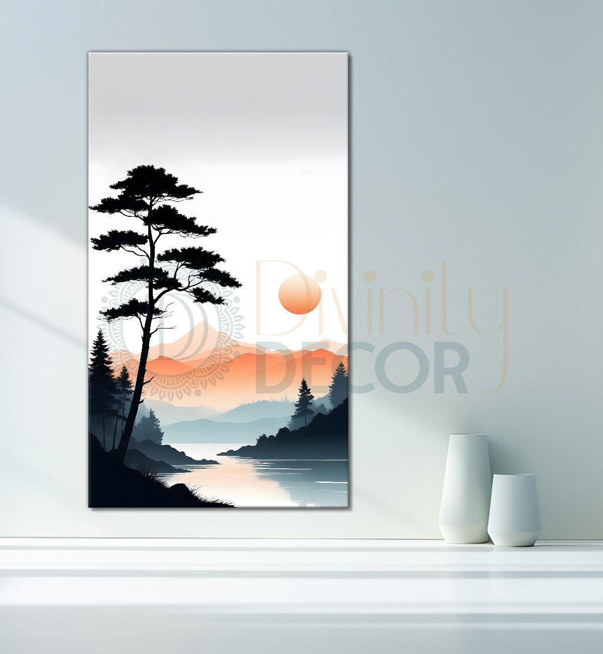 Mountains with river and sunset textured water colour painting Canvas Painting - Nature Art -V-131