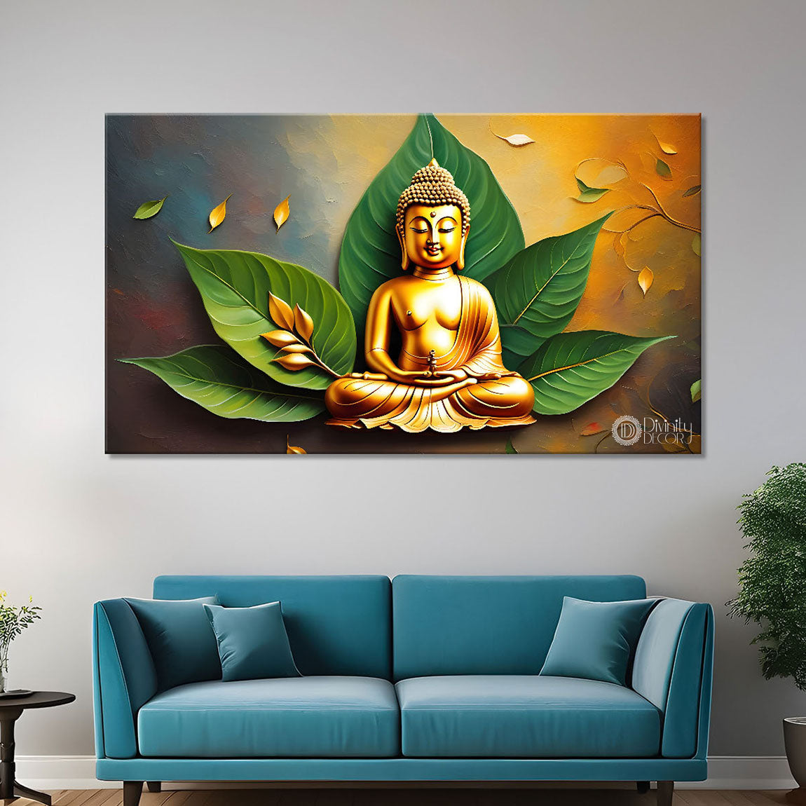 Buddha with leaves background textured painting Canvas Wall Painting - Buddha-131